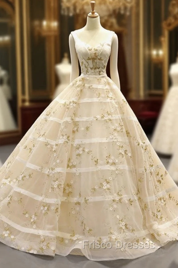 Champagne Ball Gown Straps Tulle Appliques Backless Sweet 16 Formal Prom Dress