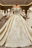 Champagne Ball Gown Tulle Appliques Beading Sequins Off the Shoulder Wedding Dress
