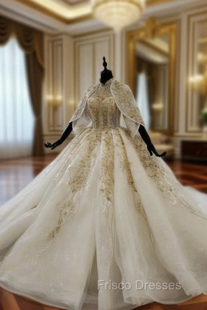 Champagne Ball Gown Tulle Appliques High Neck Short Sleeve Wedding Dress Main image