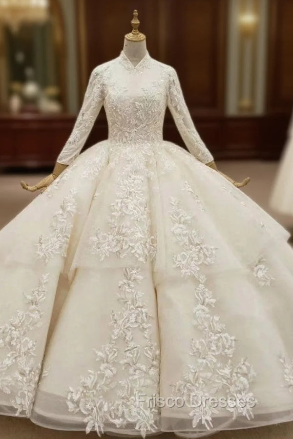Champagne Ball Gown Tulle Appliques Long Sleeve Wedding Dress