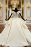 Champagne Ball Gown Tulle Appliques Off the Shoulder Wedding Dress With Long Train