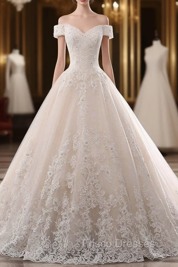 Champagne Ball Gown Tulle Appliques Off The Shoulder Wedding Dress Main image