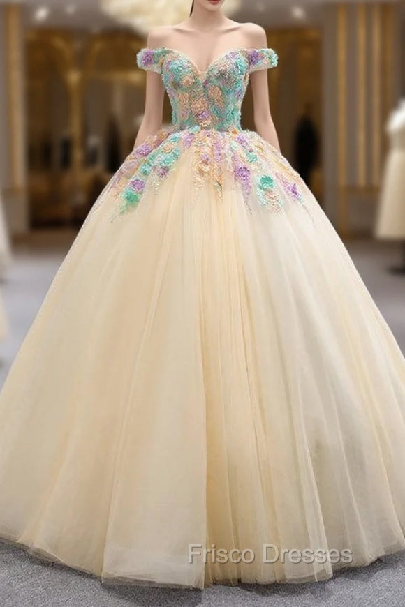 Champagne Ball Gown Tulle Colorful Appliques Formal Prom Dress