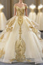 Champagne Ball Gown Tulle Gold Sequins Appliques Off the Shoulder Formal Prom Dress