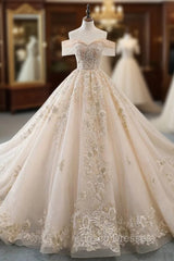 Champagne Ball Gown Tulle Lace Appliques Off The Shoulder Haute Couture Wedding Dress