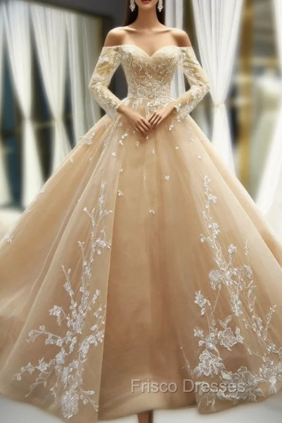 Champagne Ball Gown Tulle Lace Appliques Off The Shoulder Long Sleeve Formal Prom Dress Main image