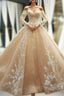 Champagne Ball Gown Tulle Lace Appliques Off The Shoulder Long Sleeve Formal Prom Dress