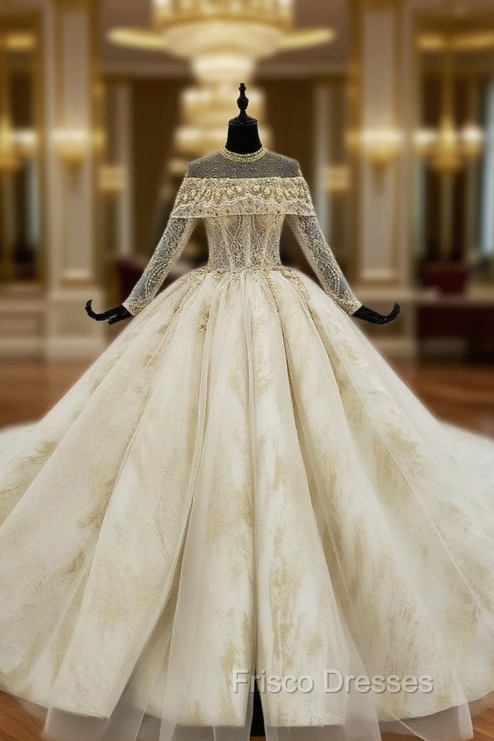 Champagne Ball Gown Tulle Lace High Neck Long Sleeve Backless Wedding Dressackless Wedding Dress Main image