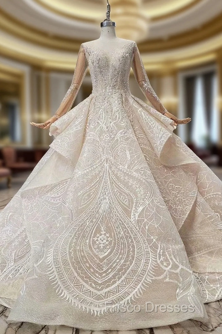 Champagne Ball Gown Tulle Lace Long Sleeve Backless Wedding Dress With Beading Main image