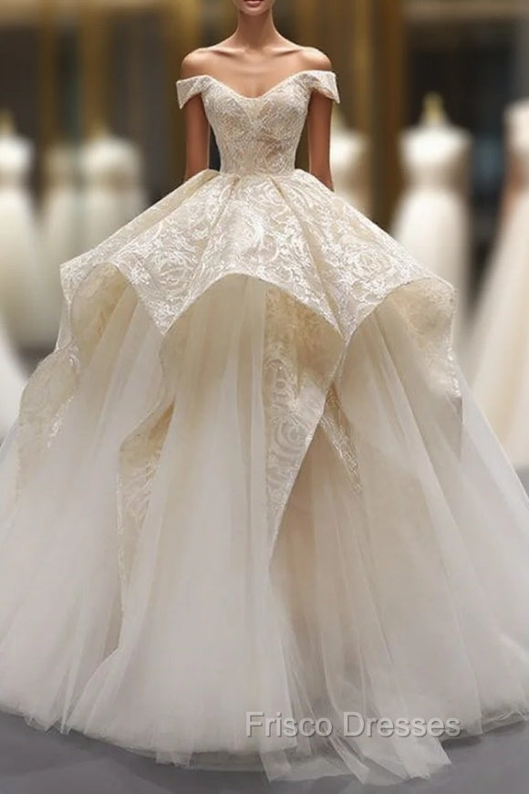Champagne Ball Gown Tulle Lace Off The Shoulder Formal Prom Dress