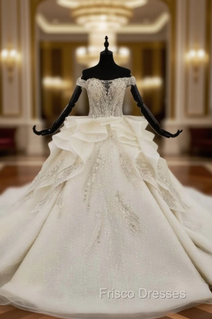 Champagne Ball Gown Tulle Off the Shoulder Appliques Beading Sequins Wedding Dress Main image