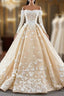Champagne Ball Gown Tulle Off the Shoulder Appliques Long Sleeve Formal Prom Dress