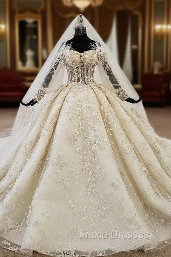 Champagne Ball Gown Tulle Off the Shoulder Beading Appliques Long Sleeve Wedding Dress Main image