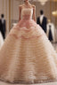 Champagne Ball Gown Tulle Pleats Strapless Formal Prom Dress