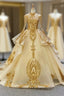 Champagne Ball Gown Tulle Sequins Appliques High Neck Formal Prom Dress