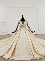 Champagne Ball Gown Tulle Sequins Appliques Long Sleeve Wedding Dress