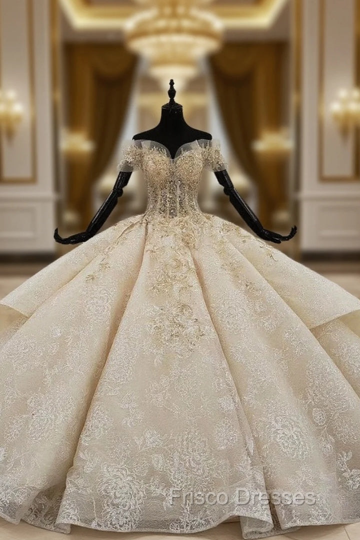 Champagne Ball Gown Tulle Sequins Appliques Off the Shoulder Luxury Wedding Dress Main image
