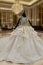Champagne Ball Gown Tulle Sequins Cap Sleeve Backless Wedding Dress
