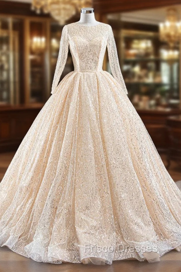 Champagne Ball Gown Tulle Sequins Long Sleeve Formal Prom Dress