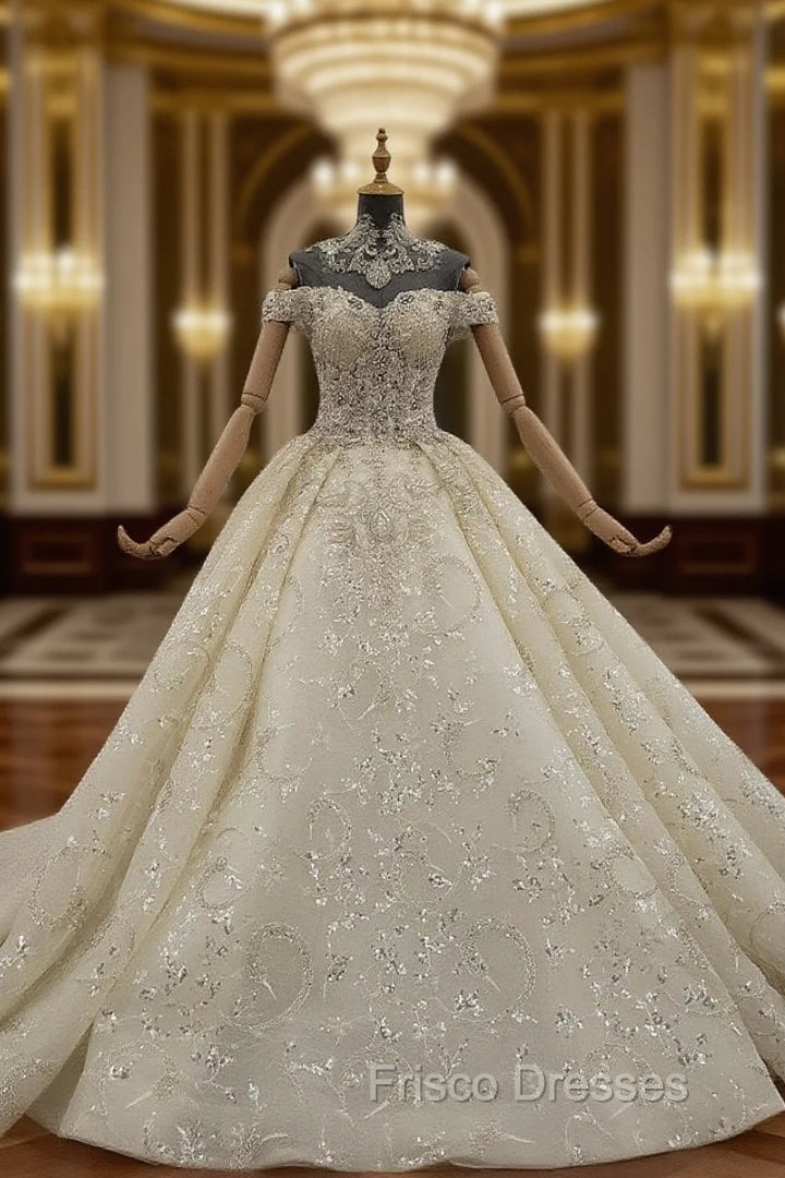 Champagne Ball Gown Tulle Sequins off the Shoulder Beading Wedding Dress Main image