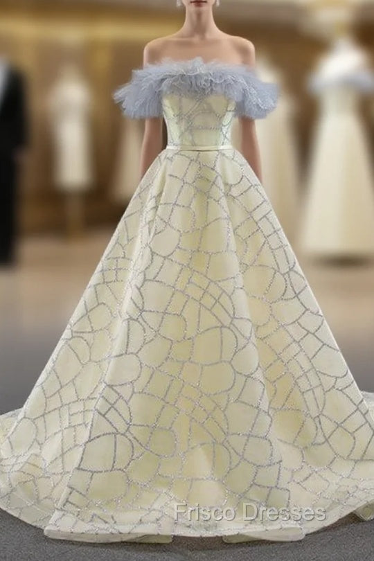 Champagne Ball Gown Tulle Sequins Off the Shoulder Formal Prom Dress