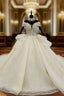 Champagne Ball Gown Tulle Sequins Off the Shoulder Wedding Dress With Beading Sequins