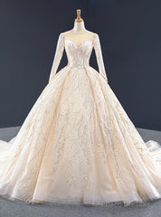 Champagne Ball Gown Tulle Seuqins Long Sleeve Prom Dress