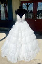 Champagne Beaded Spaghetti Strap Ruffle Tiered Ball Gown