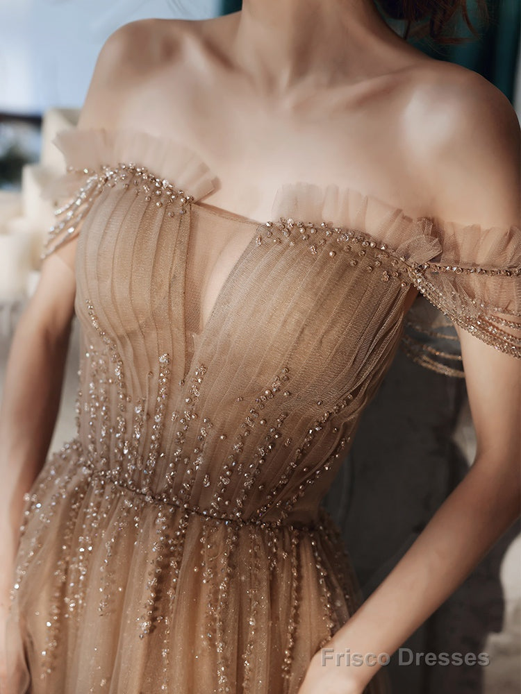Champagne Beaded Tulle Straps Long Party Dresses, A-Line Tulle Formal Dresses Prom Dresses Secondary image