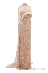 Sage Green Beading Prom Dresses Sweep Train High Neck Zipper Sleeveless Evening Dresses