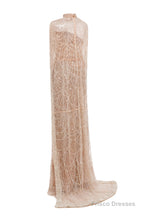 Pearl Pink Beading Prom Dresses Sweep Train High Neck Zipper Sleeveless Evening Dresses