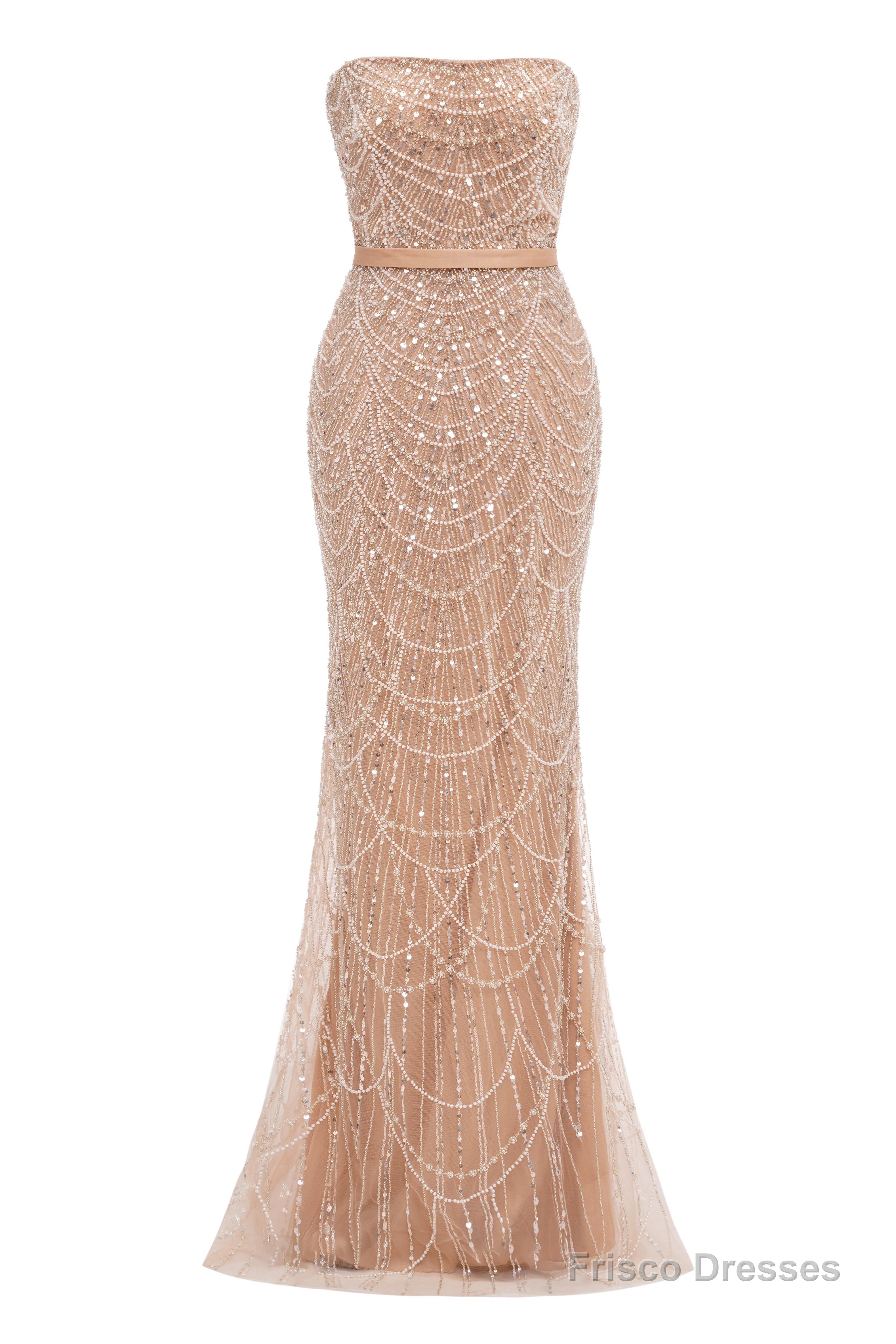 Champagne Beading Prom Dresses Sweep Train High Neck Zipper Sleeveless Fromal Dresses