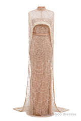 Sage Green Beading Prom Dresses Sweep Train High Neck Zipper Sleeveless Evening Dresses