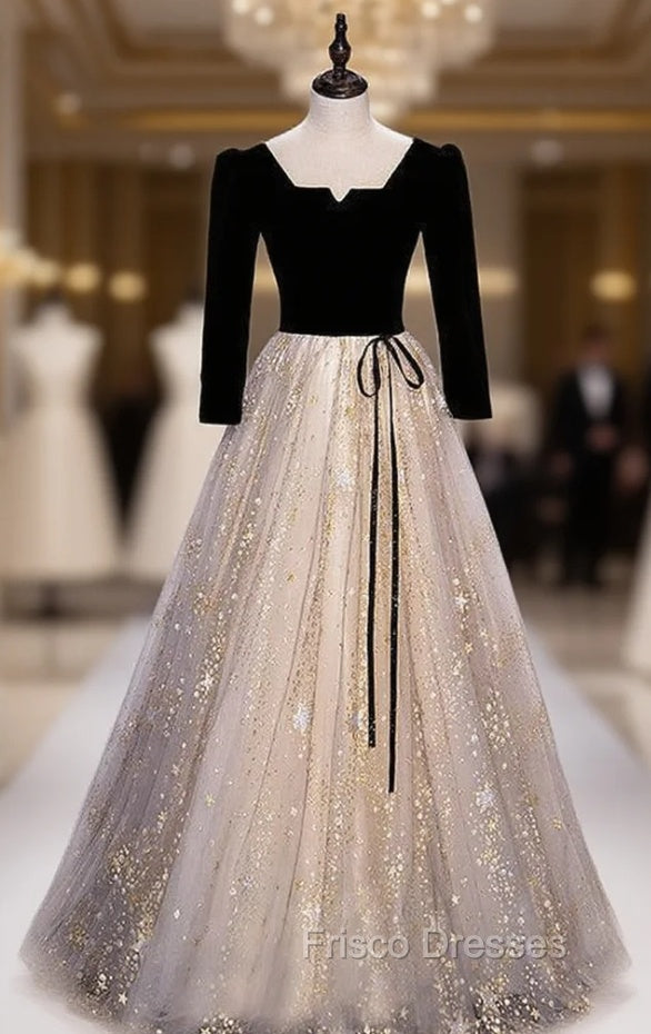 Champagne Black Tulle Short Sleeve Sequins Formal Prom Dress Main image