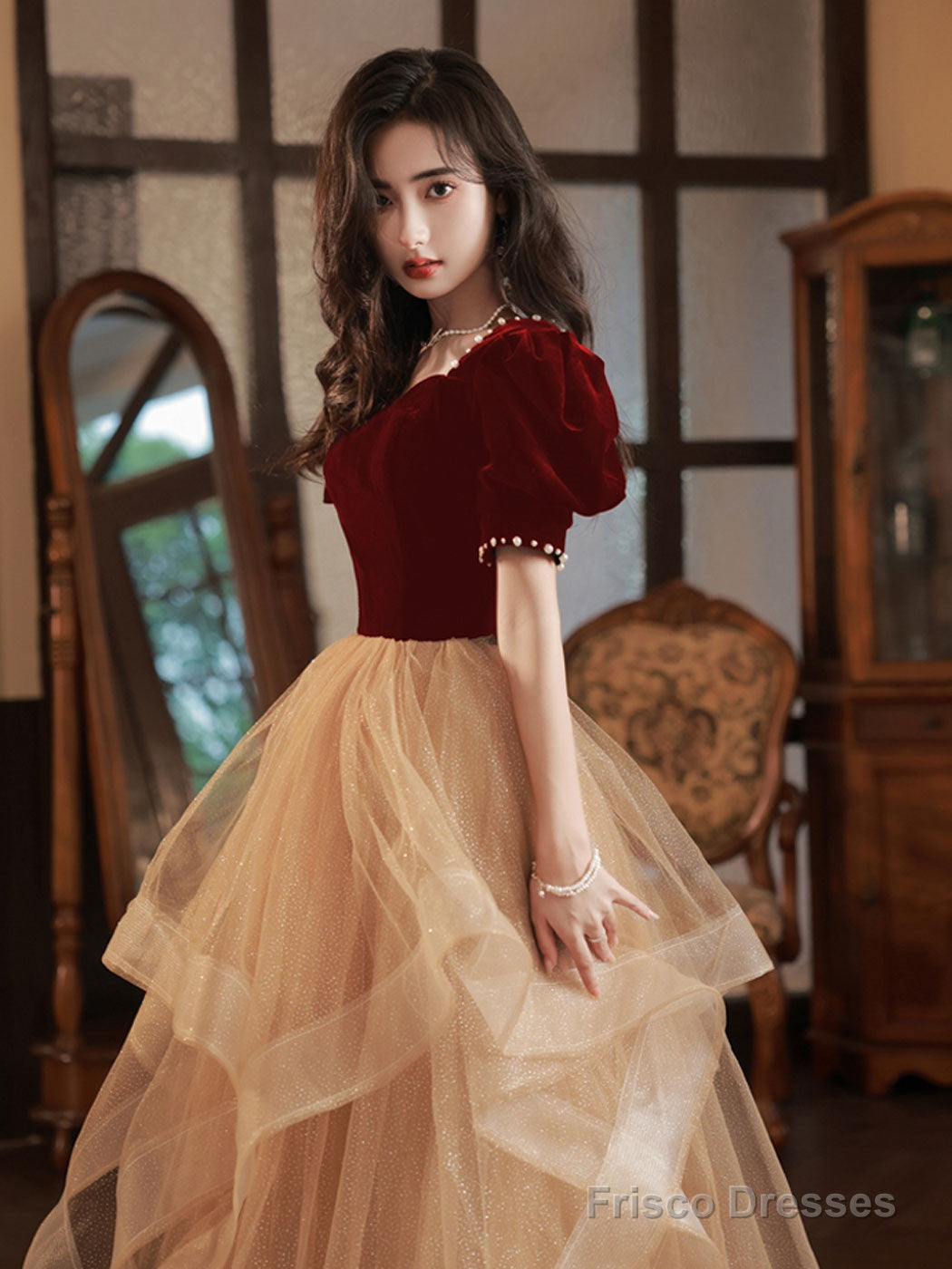 Champagne/Burgundy Tulle Long Prom Dresses, Champagne Formal Evening Dress Secondary image