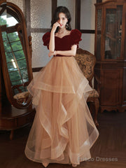 Champagne/Burgundy Tulle Long Prom Dresses, Champagne Formal Evening Dress