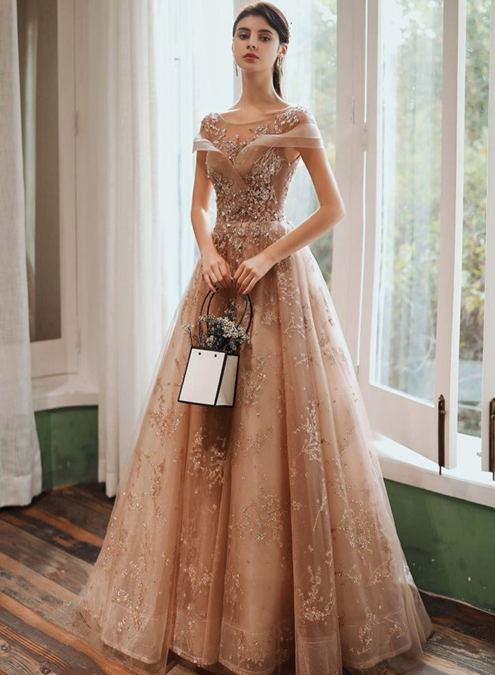 Champagne Cap Sleeves Tulle Long Party Dress, New Style Long Prom Dress Party Dress Main image