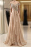 Champagne Chiffon Off The Shoulder Pleats Formal Prom Dress With Crystal