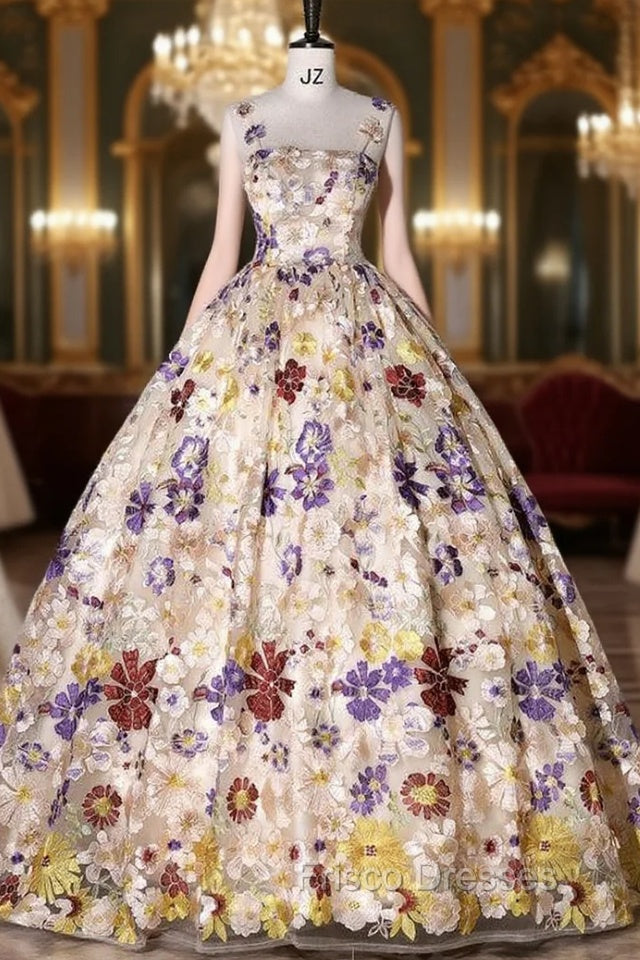 Champagne Colorful Flower Straps Quinceanera Dress Main image