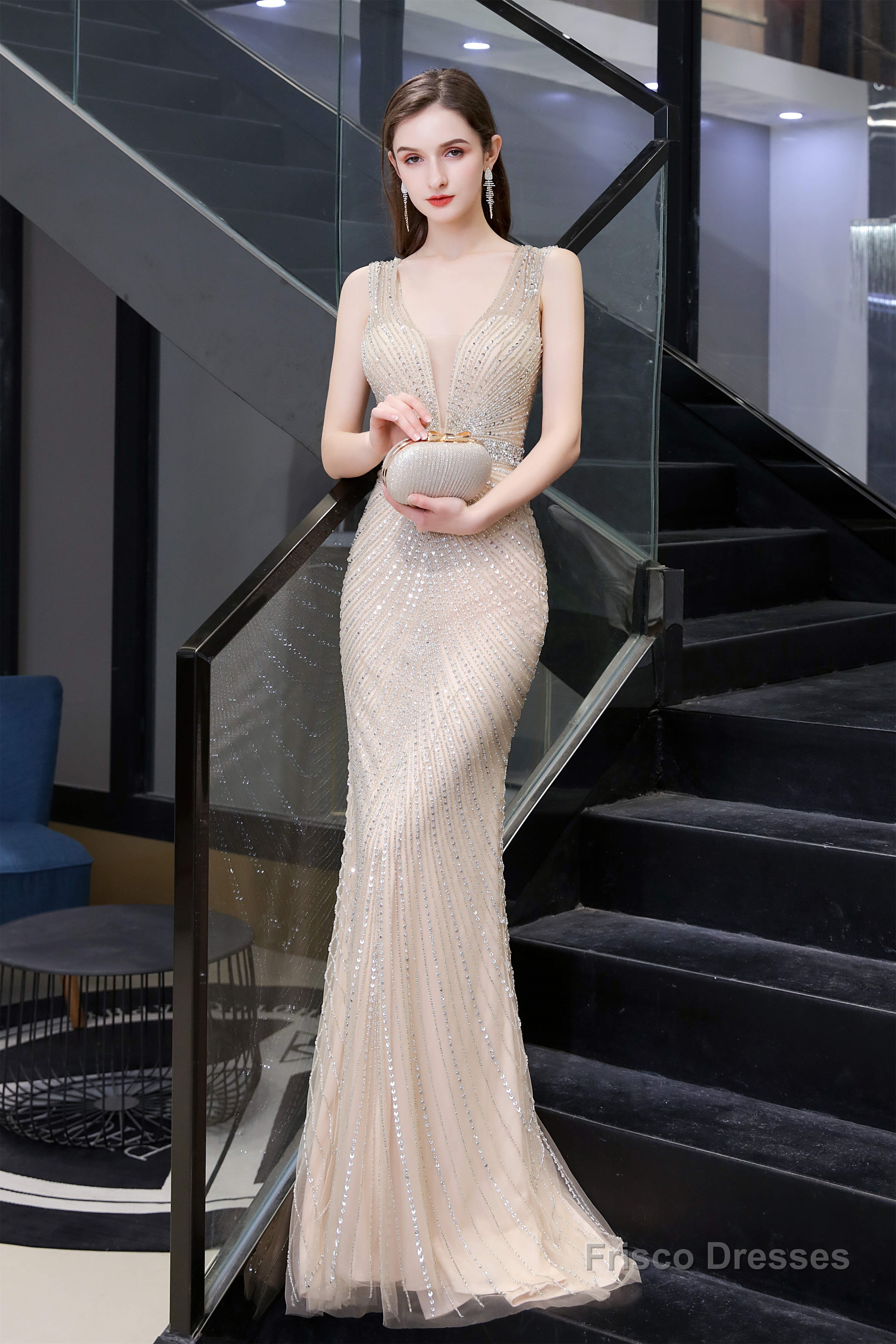Deep V neck Backless Full of Bead Sequined Mermaid Long Prom Dresses