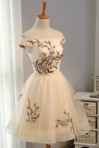 Champagne Embroidery Homecoming Dress,Tulle Short Party Dress