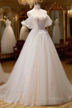 Champagne Floor Length Lace Long Formal Prom Dress, Off the Shoulder Evening Dress