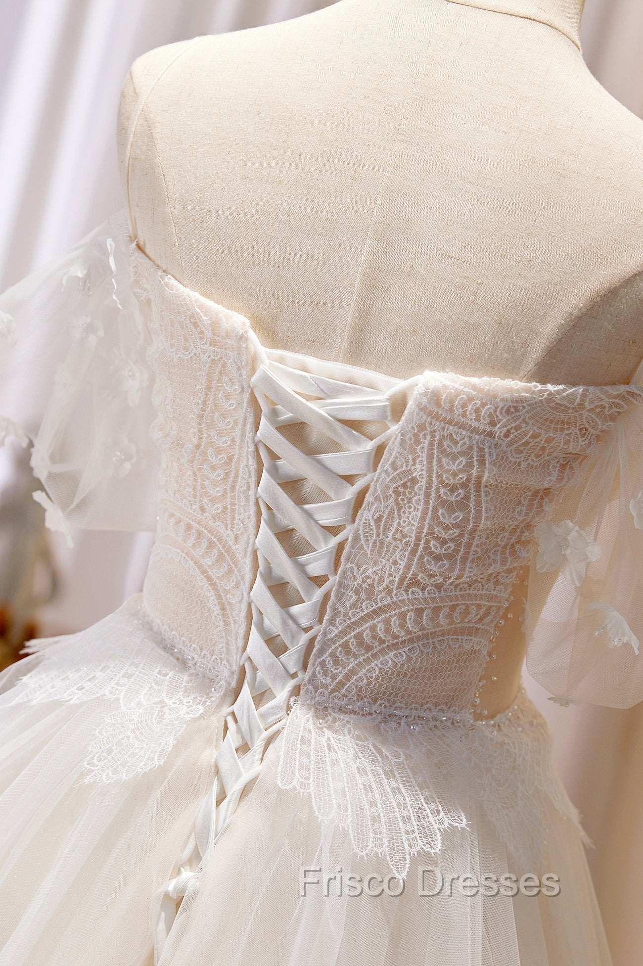 Champagne Floor Length Lace Long Formal Prom Dress, Off the Shoulder Evening Dress