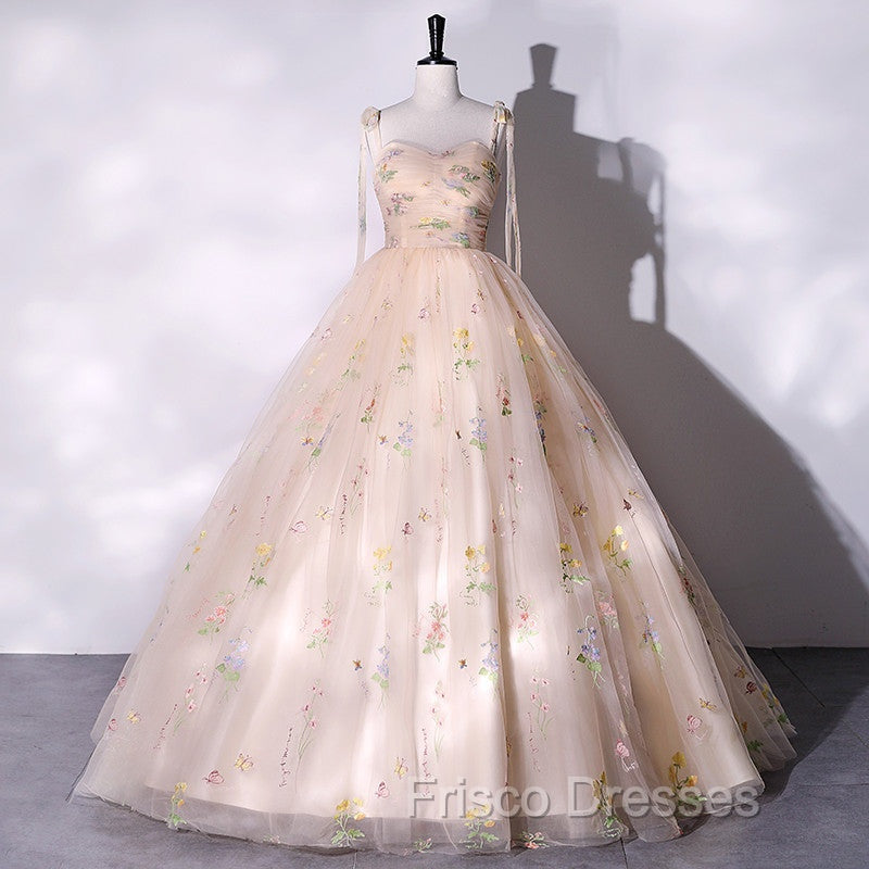 Champagne Floral Tulle Straps Sweetheart Long Party Dress, Ball Gown Sweet 16 Dress Secondary image