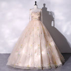 Champagne Floral Tulle Straps Sweetheart Long Party Dress, Ball Gown Sweet 16 Dress