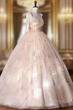 Champagne Floral Tulle Straps Sweetheart Long Party Dress, Ball Gown Sweet 16 Dress