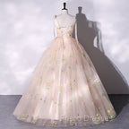 Champagne Floral Tulle Straps Sweetheart Long Party Dress, Ball Gown Sweet 16 Dress