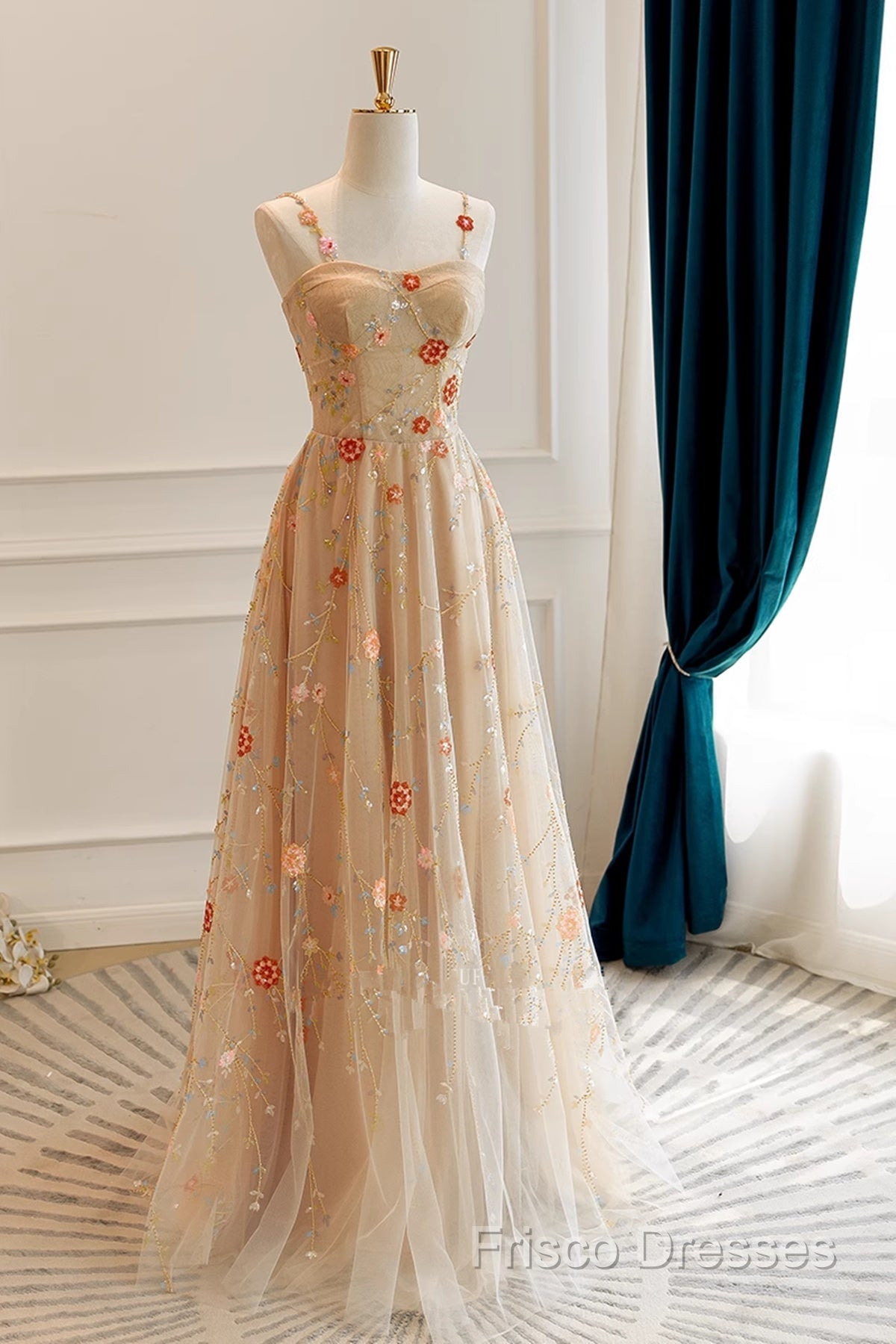 Champagne Floral Tulle Straps Sweetheart Wedding Party Dress, A-Line Tulle Long Formal Prom Dress Secondary image