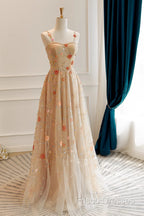 Champagne Floral Tulle Straps Sweetheart Wedding Party Dress, A-Line Tulle Long Formal Prom Dress