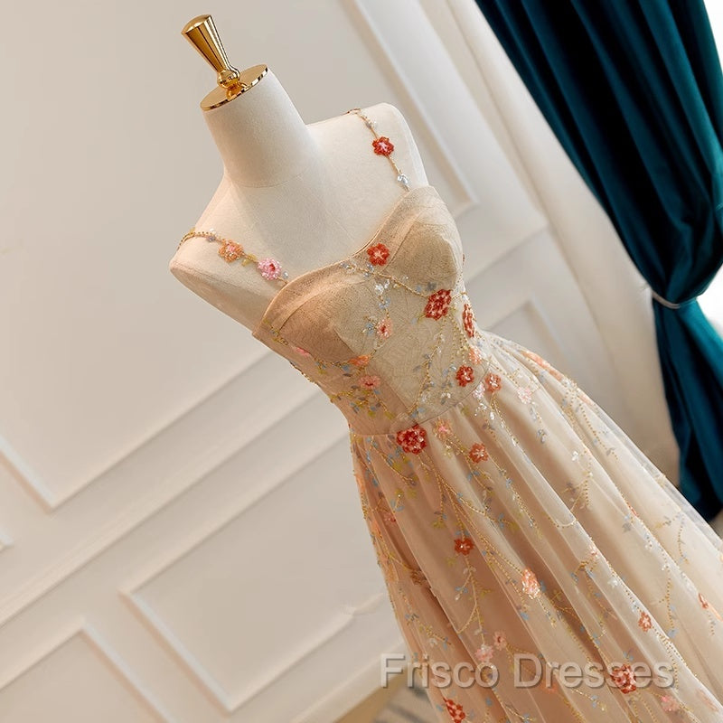 Champagne Floral Tulle Straps Sweetheart Wedding Party Dress, A-Line Tulle Long Formal Prom Dress
